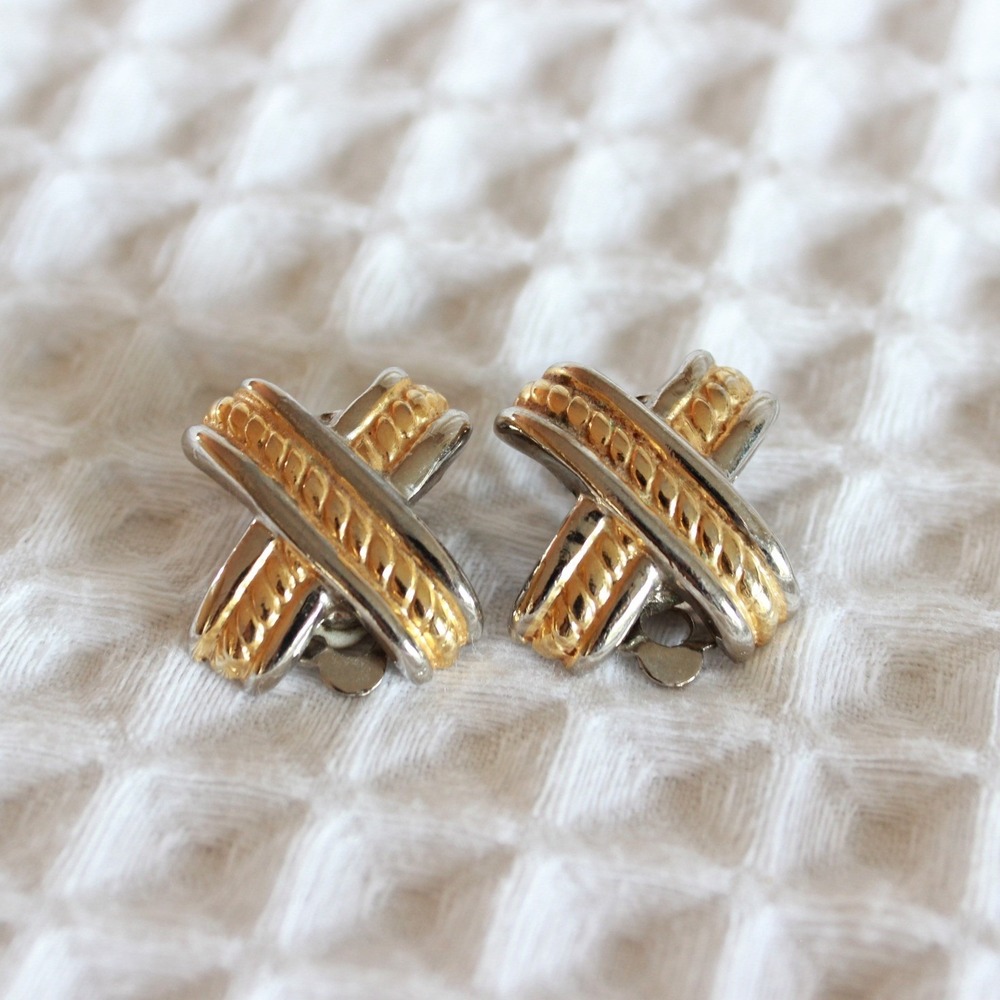 Vintage 90s Mixed Metal Two Tone X Crisscross Clip On Earrings Gold Silver Tone